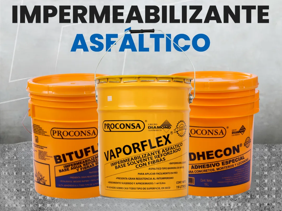 Cubetas Proconsa de impermeabilizante asfáltico Bituflex y Vaporflex, y adhesivo Adhecon