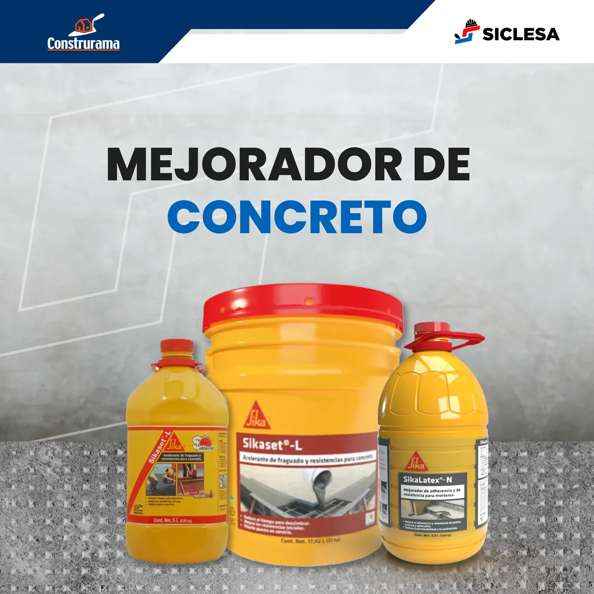 Garrafa y cubeta de Sikaset-L y garrafa de SikaLatex-N