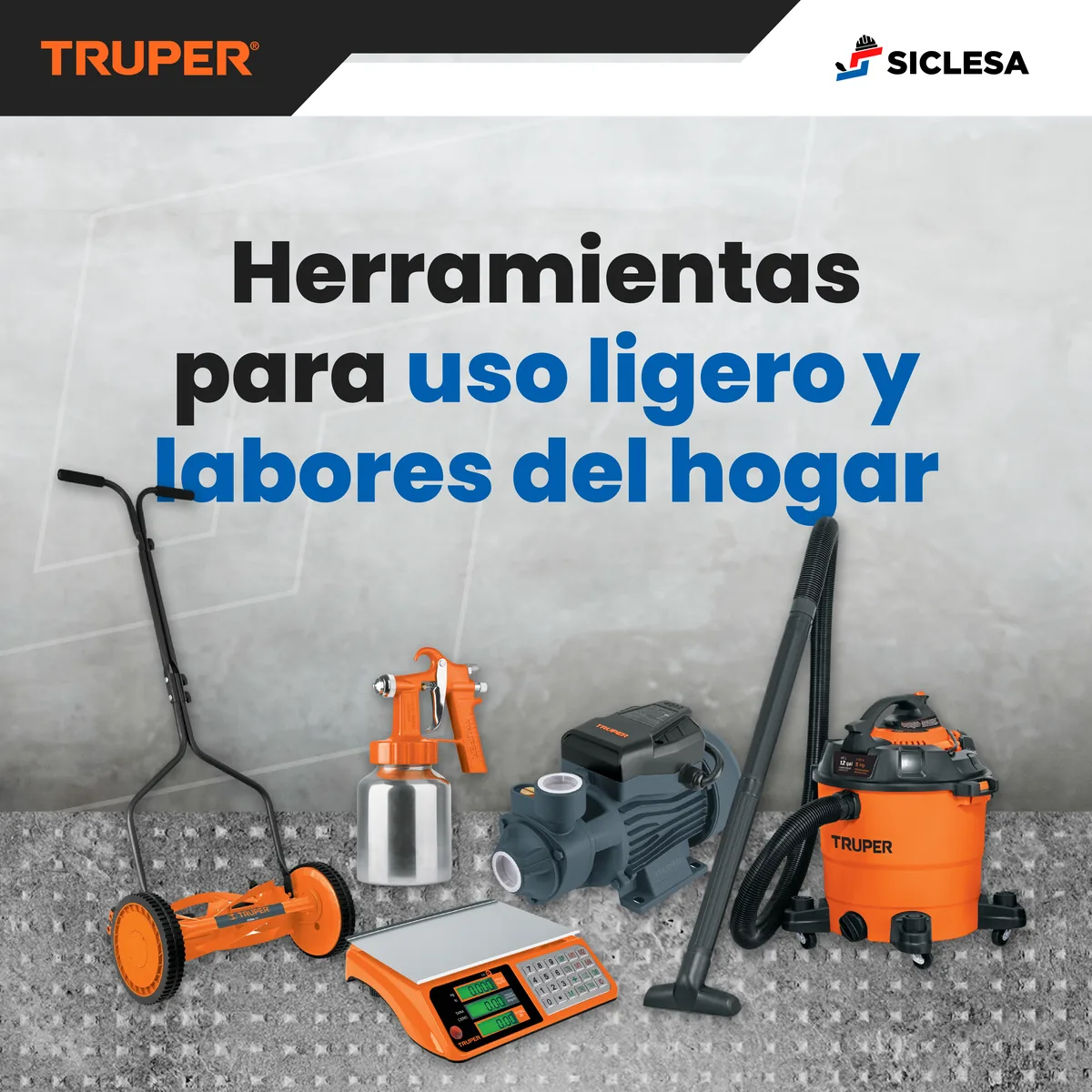 Podadora manual, pistola para pintar, báscula, bomba y aspiradora Truper
